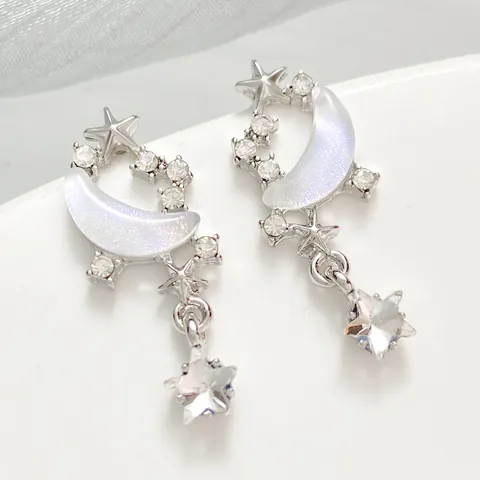Fairy Star Moon Rhinestone Stud Earrings Iridescent Moon Dangle Alloy Silver Earrings Jewelry For Women Sweet Daily Accessory