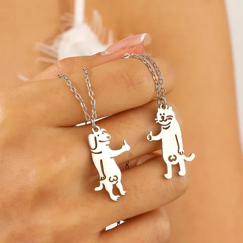 Funny Stainless Steel Cat Dog Pendant Necklace Quirky Dinosaur Skeleton Hand Gesture Stud Earrings Jewelry For Men Women