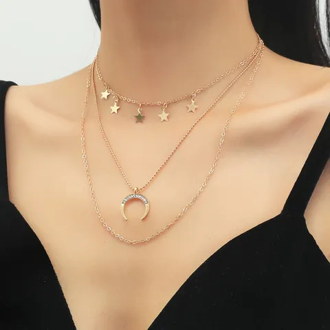 Collana a Strati in Lega Vintage con Strass per Donna Pendente Creativo con Stella e Luna Catena a Clavicola Multistrato Gioielli di Moda