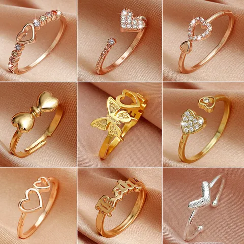 Bagues En Cuivre À La Mode Pour Femmes Zircon Anneau Ouvert Réglable Design Cœur Papillon Note De Musique Bijoux Minimalistes