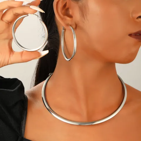 Minimalist Iron Alloy Choker Necklace Hoop Earrings For Women Simple Gold Silver Tone Fashion Jewelry Neck Ring Gift