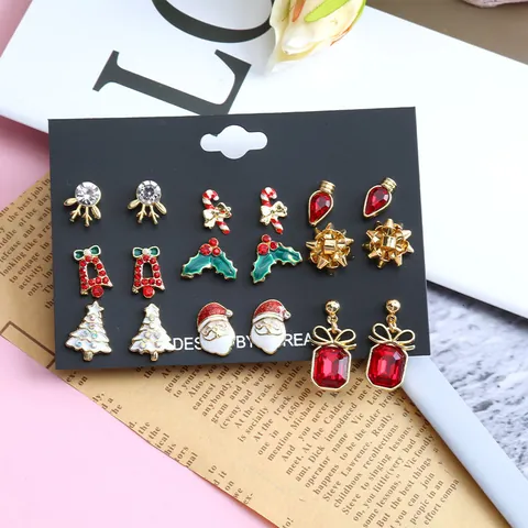 Christmas Stud Earrings Set Women Alloy Enamel Santa Claus Tree Reindeer Snowflake Candy Cane Festive Holiday Jewelry Gift