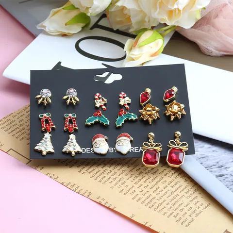 Christmas Stud Earrings Set Women Alloy Enamel Santa Claus Tree Reindeer Snowflake Candy Cane Festive Holiday Jewelry Gift