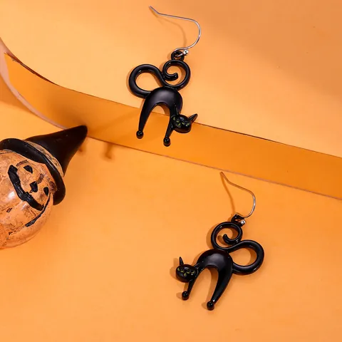 Pendientes de Gancho Góticos de Halloween Gato Negro Acrílico Gato Estirándose Pendientes Colgantes con Gancho de Acero Regalo