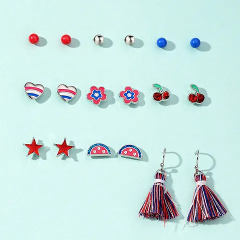 Independence Day Earring Collection Red White Blue Cotton Tassel Heart Star Watermelon Studs For Women Patriotic Jewelry