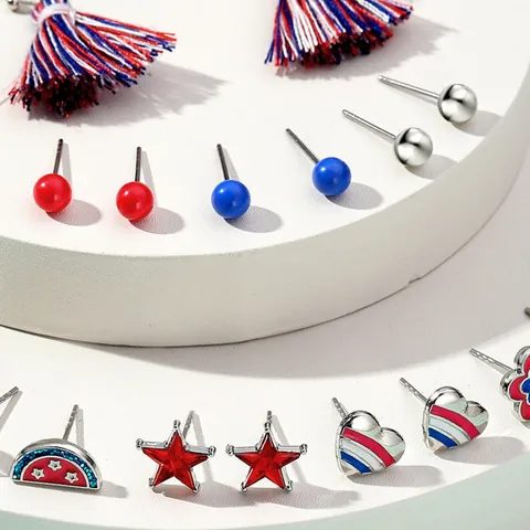 Independence Day Earring Collection Red White Blue Cotton Tassel Heart Star Watermelon Studs For Women Patriotic Jewelry