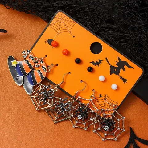 Colección de Pendientes de Aleación de Halloween Sombrero de Bruja Telaraña Strass Esmalte Botón Ganchos Joyería de Fiesta para Mujer