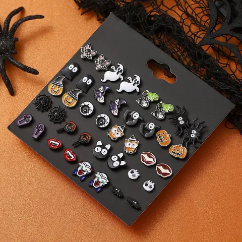 Halloween Stud Earrings Set Alloy Enamel Pumpkin Ghost Skull Bat Owl Spooky Jewelry For Women Men Halloween Party Gift
