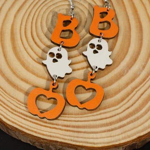 Pendientes Colgantes de Madera de Halloween Con Poste de Acero Inoxidable Boo Fantasma Calabaza Letra Joyería de Fiesta Mujer