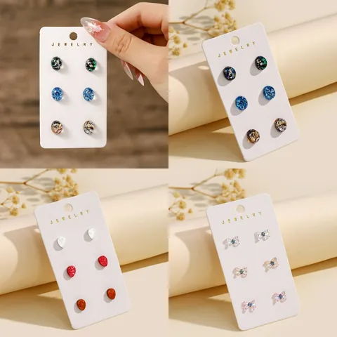 Ensemble de 3 Paires Boucles d'Oreilles Clous en Résine Colorée Mode Simple Forme Nœud Goutte Ovale Tige Acier Inoxydable Bijoux Femme