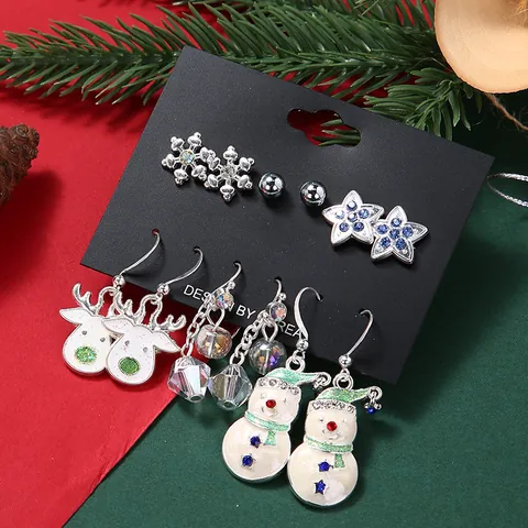Alloy Christmas Earrings Set For Women Snowflake Reindeer Snowman Star Enameled Stud Earrings Jewelry Gift With Stainless Steel Post