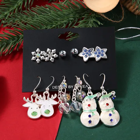 Alloy Christmas Earrings Set For Women Snowflake Reindeer Snowman Star Enameled Stud Earrings Jewelry Gift With Stainless Steel Post