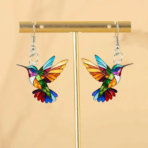 Vintage Colorful Acrylic Hummingbird Drop Earrings For Women Fashion Gradient Animal Bird Dangle Earrings With Stainless Steel Earring Post