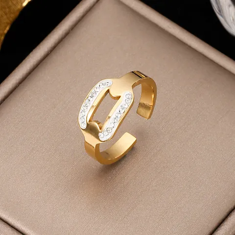 Adjustable Eighteen Karat Gold Plated Copper Open Ring For Women With Zirconia Geometric Hollow Design Fashion Jewelry Finger Ring
