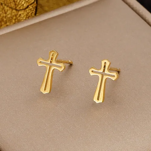 Pendientes de Botón de Cruz Hueca Minimalistas para Mujer Cobre Chapado en Oro Crucifijo Geométrico Joyería Diaria