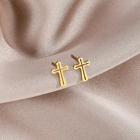 Pendientes de Botón de Cruz Hueca Minimalistas para Mujer Cobre Chapado en Oro Crucifijo Geométrico Joyería Diaria