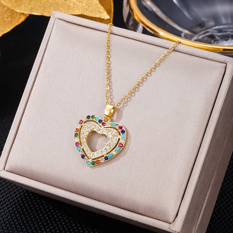 Collar Con Colgante de Doble Corazón de Acero Inoxidable Con Diamantes de Imitación Multicolores para Mujer Joyas de Cadena