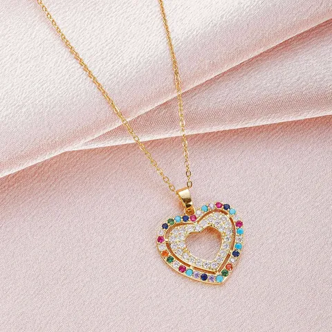Collar Con Colgante de Doble Corazón de Acero Inoxidable Con Diamantes de Imitación Multicolores para Mujer Joyas de Cadena