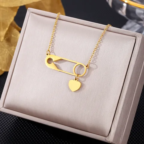 Minimalist Stainless Steel Paperclip Safety Pin Pendant Necklace With Heart Charm Gold Plated Choker For Women Fashion Jewelry