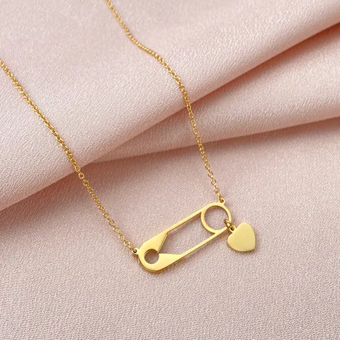 Minimalist Stainless Steel Paperclip Safety Pin Pendant Necklace With Heart Charm Gold Plated Choker For Women Fashion Jewelry