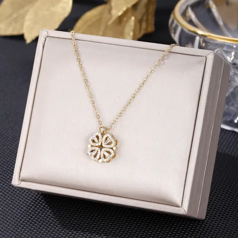 Stainless Steel Clover Heart Pendant Necklace Copper Zirconia Magnetic Versatile Chain For Women Elegant Fashion Jewelry Gift