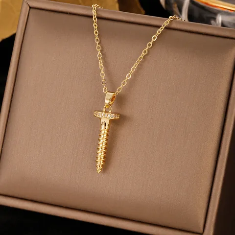Collier Pendentif Vis En Cuivre Plaqué Or Punk Avec Zircone Chaîne En Acier Inoxydable Pour Femme Bijoux Industriels Minimalistes