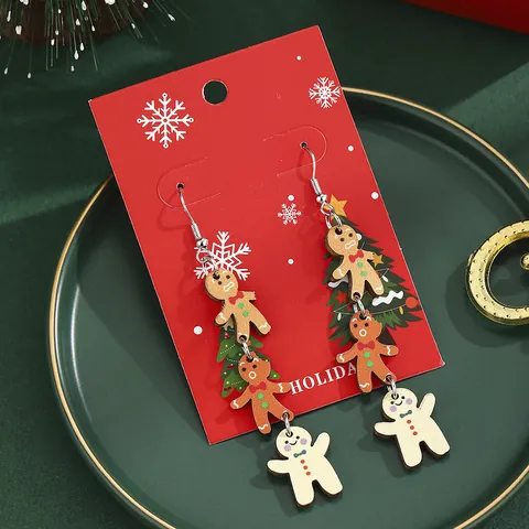 Weihnachten Lebkuchenmann Schneemann Ohrhänger Holz Bedruckt Lange Tropfen Festliche Feiertag Party Ohrringe Schmuck Für Damen
