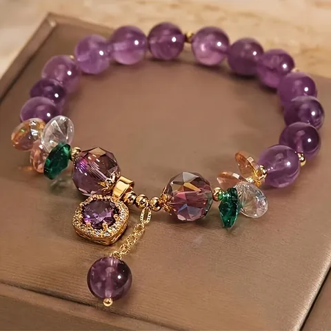 Pulsera De Cuentas De Cristal Violeta Vintage Para Mujer Colgante Cuadrado Circonita Borla Dorada Joyas De Moda Elegante