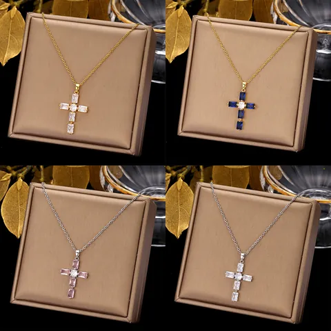 Exquisite Edelstahl Kette Kupfer Zirkonia Kreuz Anhänger Halskette Gold Silber Schlüsselbein Kette Für Damen Schmuck Geschenk
