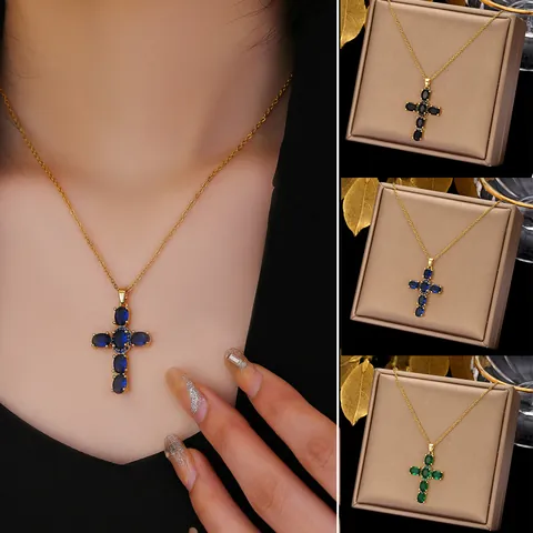 Western Style Stainless Steel Necklace Zircon Inlaid Cross Pendant Necklace Classic Elegant Women Jewelry Necklace For Daily Banquet