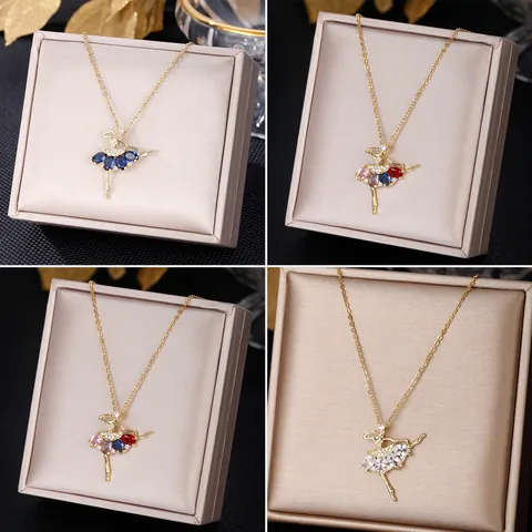 Elegante Collana Ballerina Danzatrice in Acciaio Inossidabile Placcato Oro Con Intarsi in Zirconia Colorata Gioielli Regalo