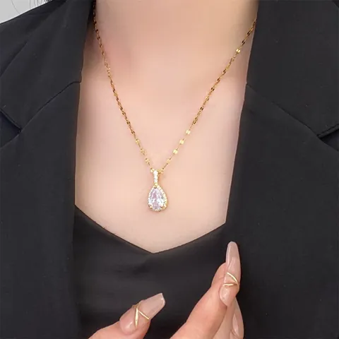 Collar con Colgante de Gota de Agua de Zirconia Vintage para Mujer Cadena de Acero Inoxidable Chapado en Oro Cristal de Pera