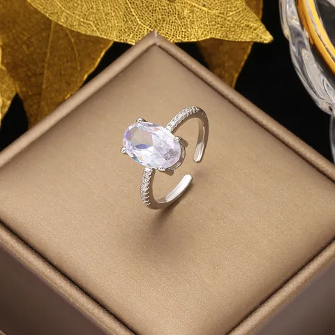 Anello Aperto in Rame con Zirconia Ovale di Lusso Vintage per Donna Regolabile Placcato Oro Argento Blu Rosa Verde Viola Gioielli