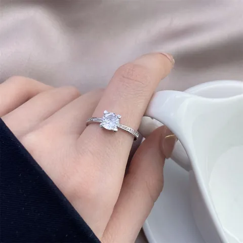 Bague Réglable en Cuivre et Zirconium Argenté Sertissage Quatre Griffes Bague de Fiançailles avec Pierres Latérales pour Femme
