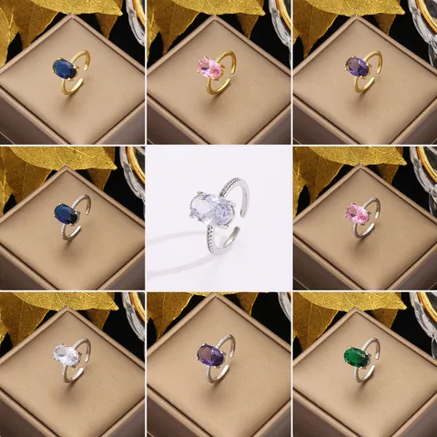 Anello Aperto in Rame con Zirconia Ovale di Lusso Vintage per Donna Regolabile Placcato Oro Argento Blu Rosa Verde Viola Gioielli
