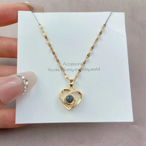 Stainless Steel Chain Copper Zirconia Projection Necklace For Women 100 Languages I Love You Heart Moon Star Jewelry