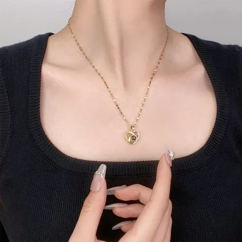 Stainless Steel Chain Copper Zirconia Projection Necklace For Women 100 Languages I Love You Heart Moon Star Jewelry