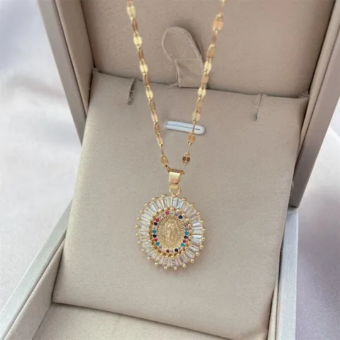 Jungfrau Maria Anhänger Halskette Bunter Zirkonia Edelstahlkette Kupfer Religiöse Sonnenstrahl Vergoldet Damen Schmuck