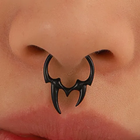 Non-Piercing Copper Nose Clip Horn Shape Septum Ring Gothic Retro Punk Rhinestone Inlaid Faux Body Jewelry For Women Men Unisex