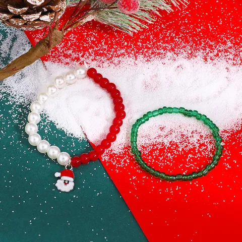 Ensemble de Bracelets en Perles avec Pendentif Père Noël Émaillé Rouge Vert Blanc Bijoux de Mode pour Femmes Filles