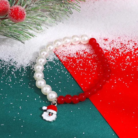 Ensemble de Bracelets en Perles avec Pendentif Père Noël Émaillé Rouge Vert Blanc Bijoux de Mode pour Femmes Filles