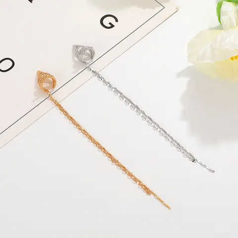 Minimalist Long Tassel Chain Ear Bone Clip For Women Copper Geometric Elf Ear Cuff No Piercing Gold Silver Fashion Jewelry