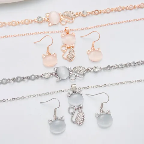 Cute Cat Jewelry Combination Alloy Artificial Cat Eye Stone Rhinestone Necklace Earrings Bracelet For Women Rose Gold Silver Plated Animal Pendant Accessory