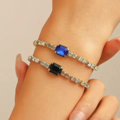 Vintage Fashion Copper Bracelet With Inlaid Rhinestone Colorful Rectangular Main Stone Tennis Chain For Women Jewelry