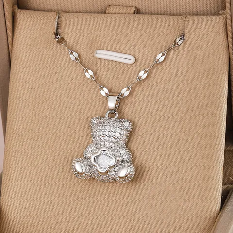 Collana Con Ciondolo a Orsetto in Rame Placcato Oro 18K Con Zirconia Elemento Quadrifoglio Rosa Per Donna Gioielli Dolce