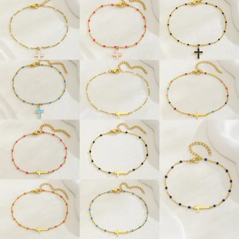 Bracciale a Perline con Croce in Acciaio Inossidabile per Donna Minimalista Placcato Oro Perline Colorate Regalo di Laurea