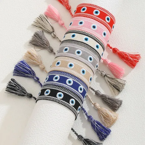 Bracciale Intrecciato Bohemian Malocchio Ricamato a Mano con Nappina Filo di Tessuto Regolabile Gioielli di Moda Etnica Donna