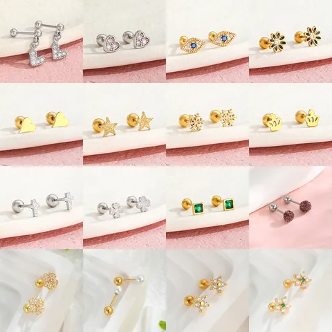 Orecchini a Bottone in Acciaio Inossidabile Con Chiusura a Vite per Donna Intarsiato Zirconia Cuore Malocchio Croce Corona Gioielli