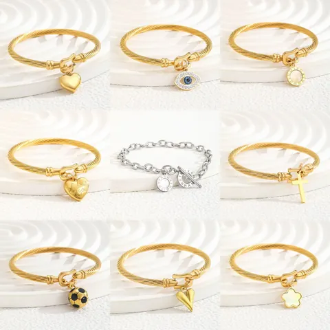 Stainless Steel 18K Gold Plated Twisted Cable Open Bangle Bracelet For Women Heart Cross Evil Eye Roman Numeral Flower Soccer Charm Jewelry