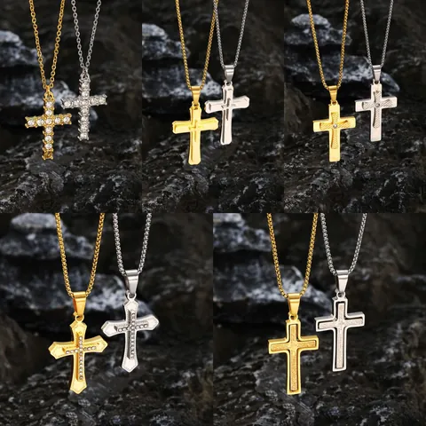 Collar Con Colgante de Cruz de Acero Inoxidable para Mujer y Hombre Oro Plata Diamantes de Imitación Escrituras Grabadas Joyería Religiosa Regalo